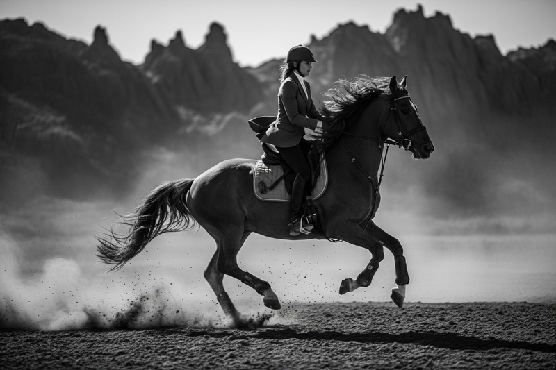 jinete montando a caballo de editorial en color blanco y negro