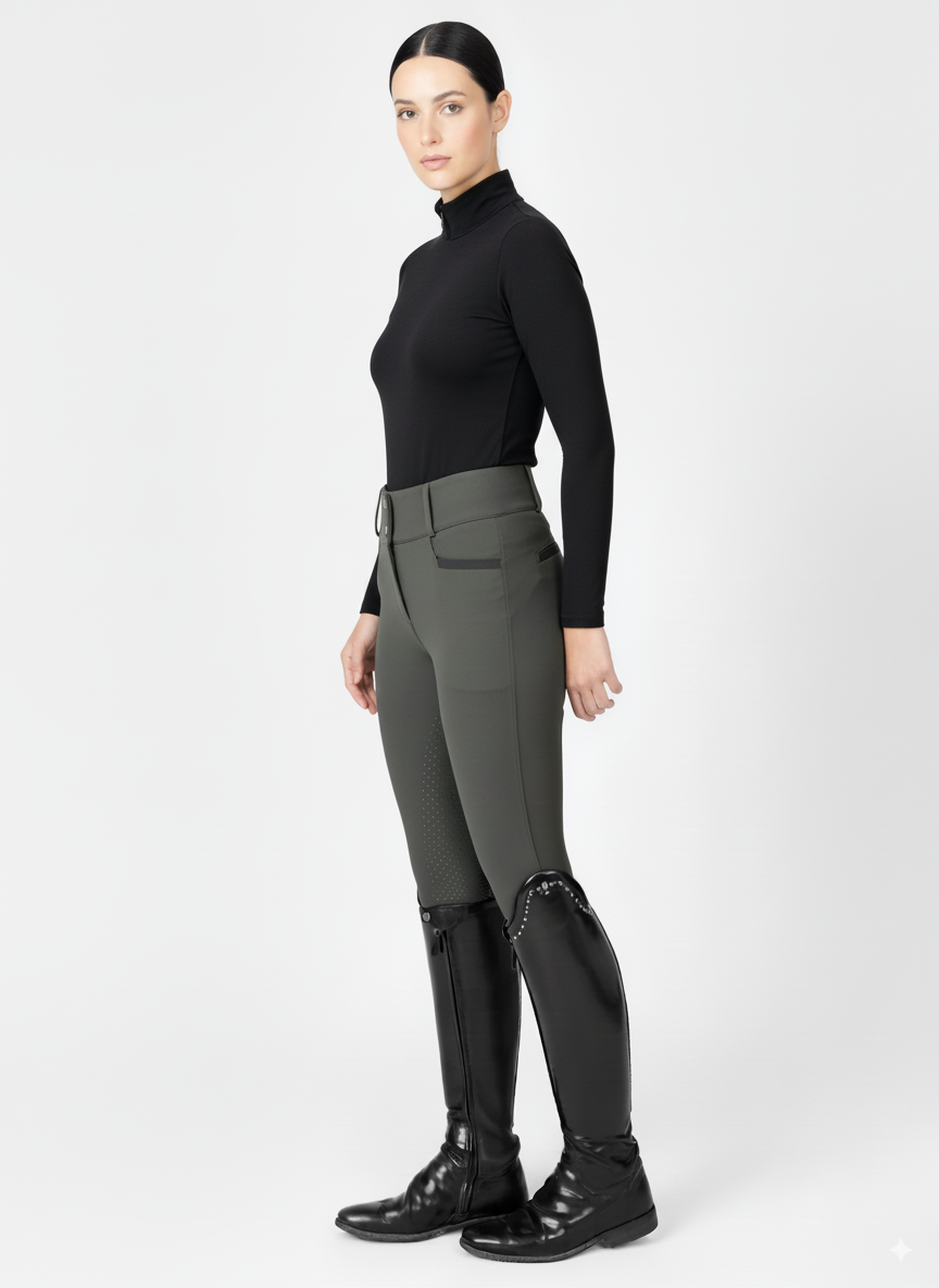 Pantalón de montar para mujer EQUINOMEX en verde militar con tecnología High-Rise