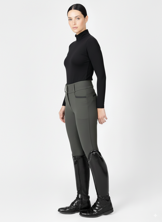Pantalón de montar para mujer EQUINOMEX en verde militar con tecnología High-Rise