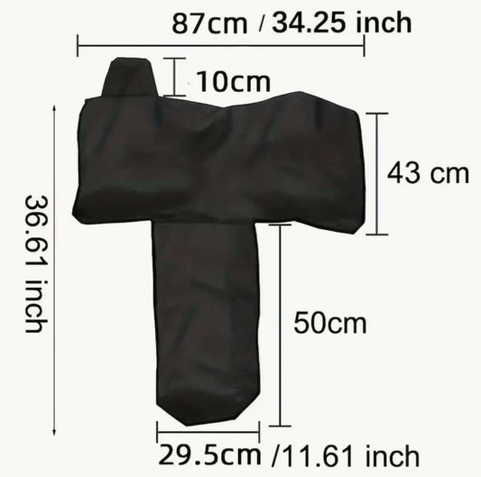 Medidas de funda para silla de montar Western en centímetros y pulgadas, con diseño funcional y protección duradera.