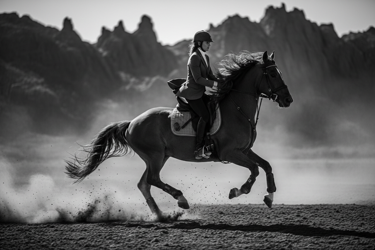 jinete montando a caballo de editorial en color blanco y negro